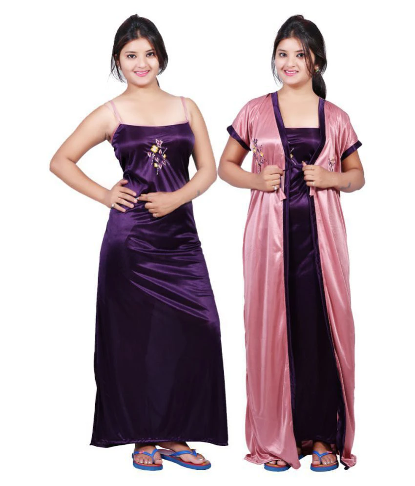 Mahaarani Light Pink & Deep Purple Satin Nighty & Night Gowns