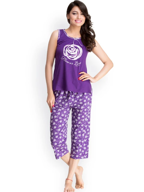 Private Lives Women Purple Printed Lounge Set