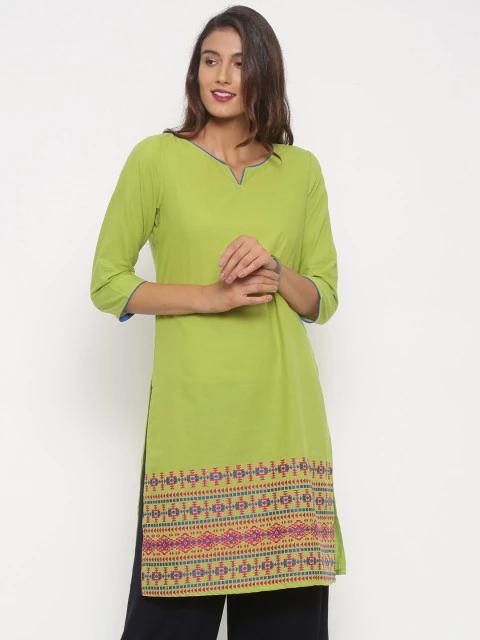 Women Green Embroidered Straight Kurta