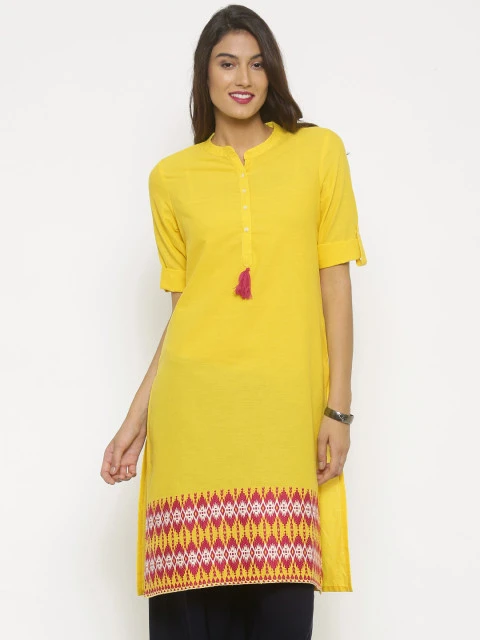 Women Yellow Embroidered Straight Kurta
