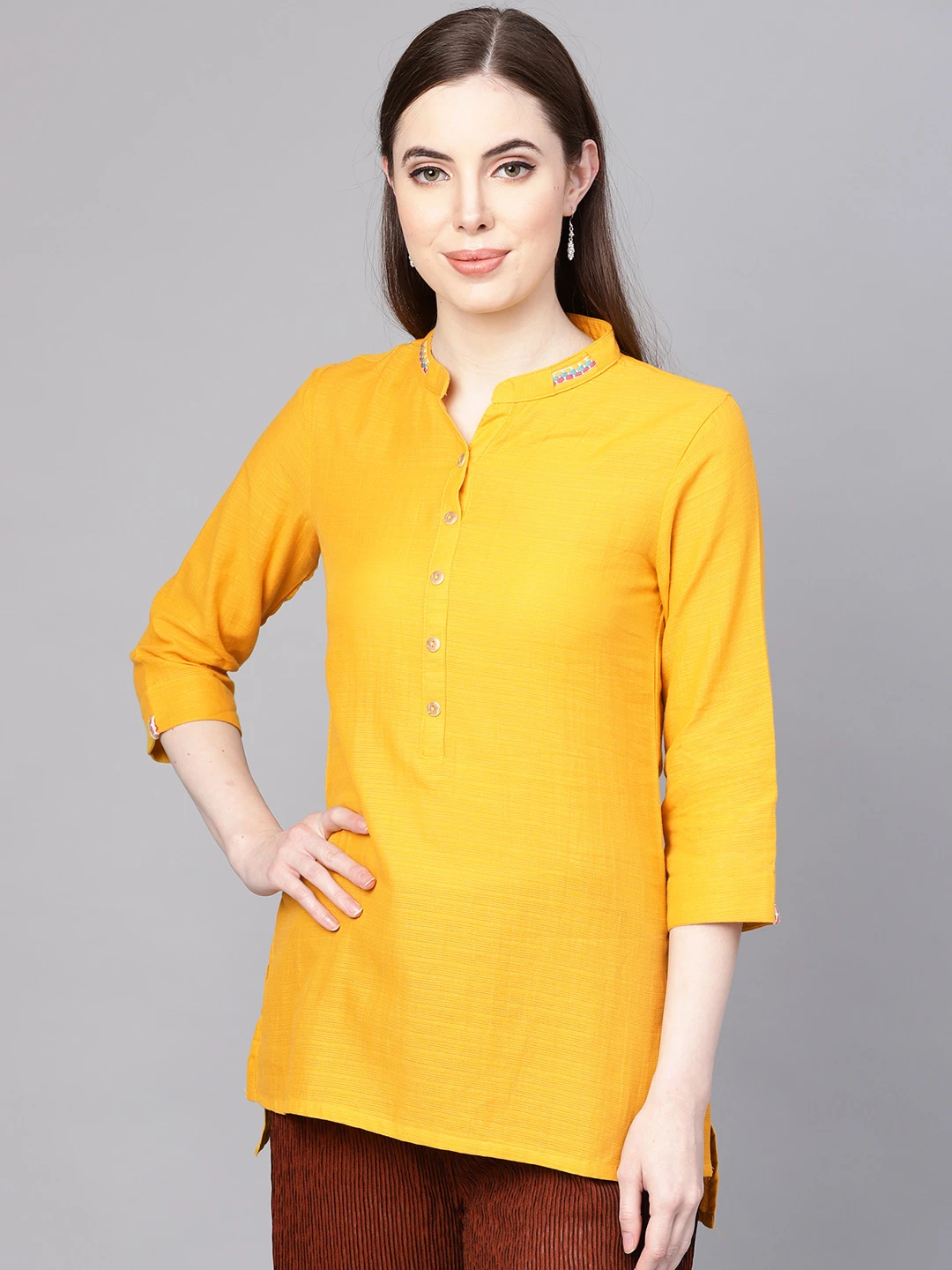 Women Mustard Yellow Solid Straight Kurti