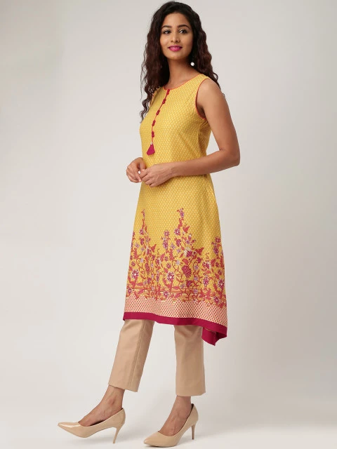 Yellow Printed A-Line Kurta
