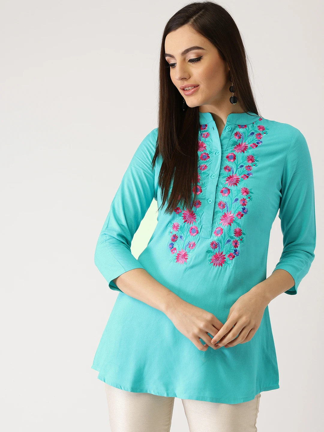 Women Turquoise Blue Embroidered A-Line Kurti