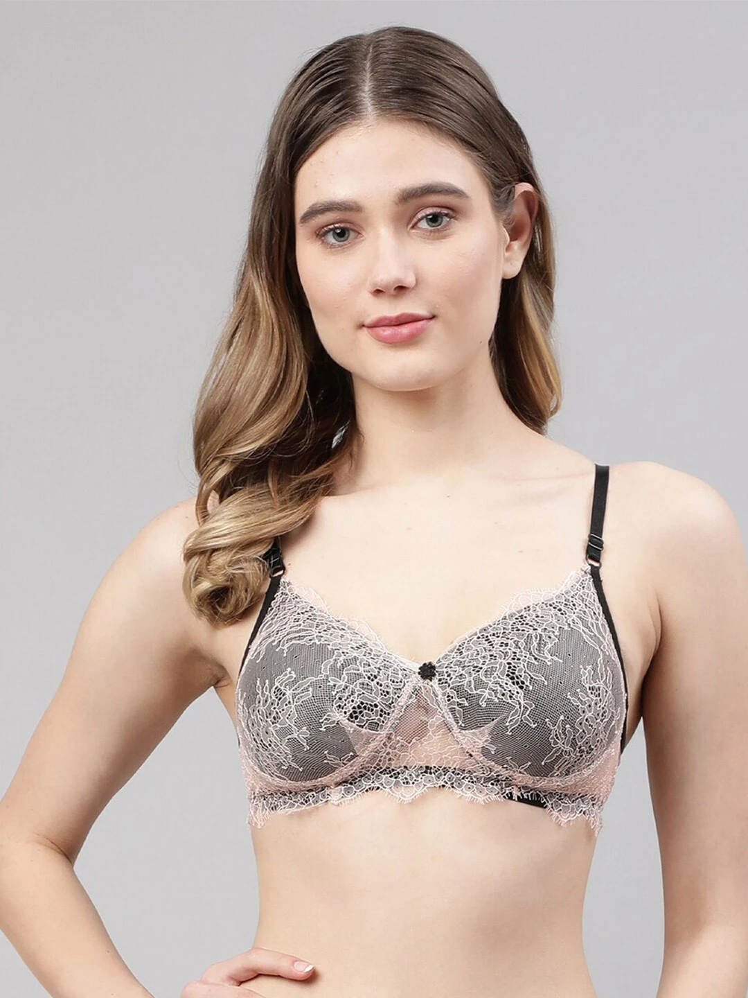 Beige Floral Lace Bra - Lightly Padded