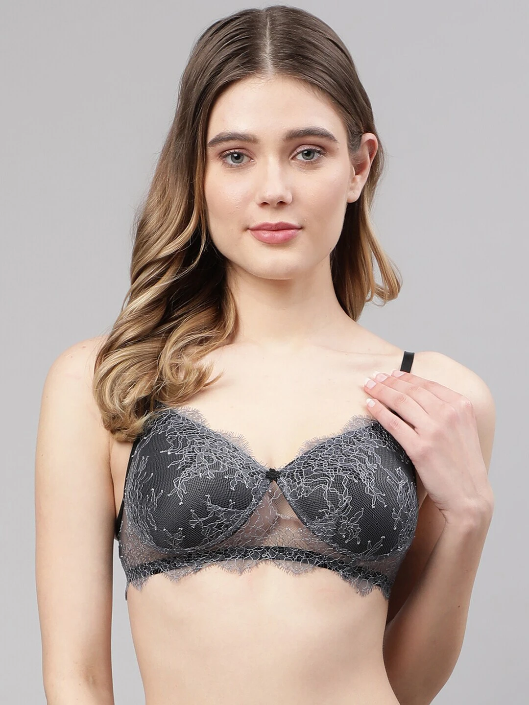 Grey Floral Lightly Padded Non Wired Lace Bra