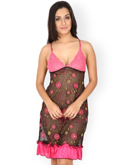 Secret Wish Black & Pink Embroidered Lace Baby-Doll BD-123