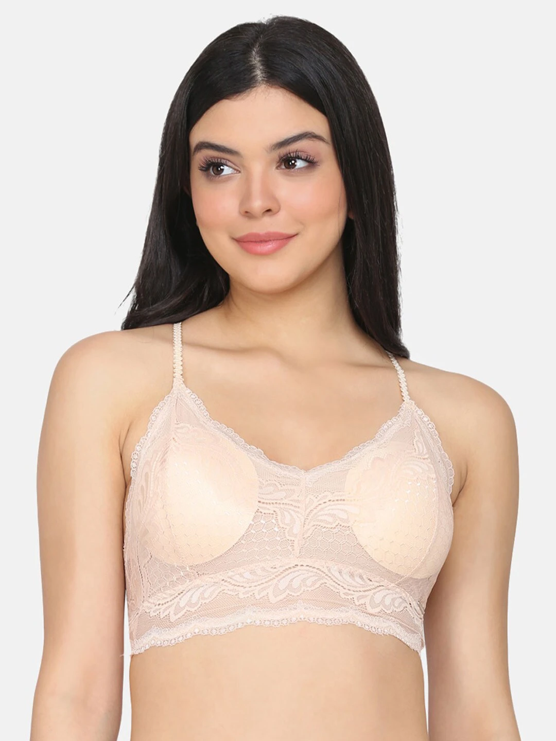 Beige Lace Non-Wired Lightly Padded Jewel Back Bralette