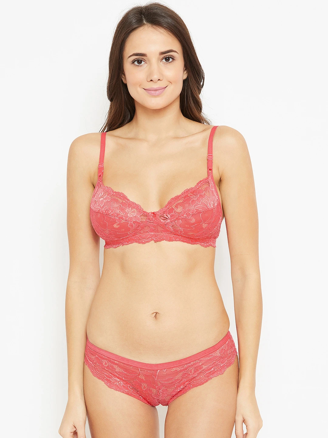 Women Coral Pink Lace Lingerie Set NGLS-03