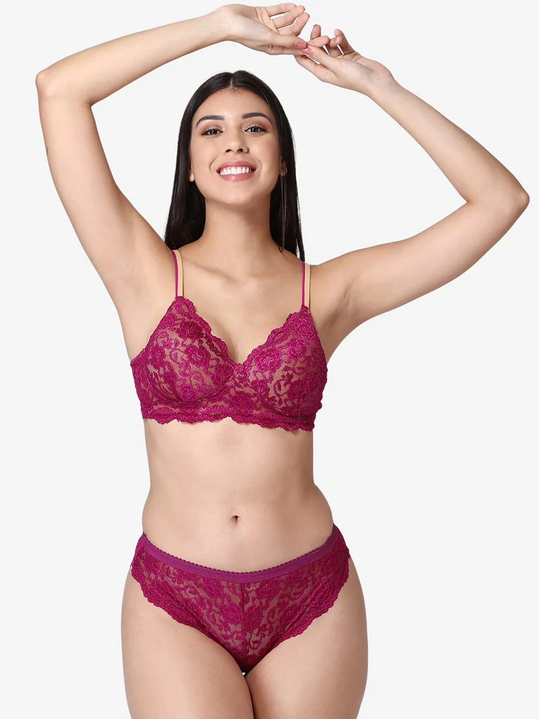 Women Violet Self-Design Bridal Lace Lingerie Set