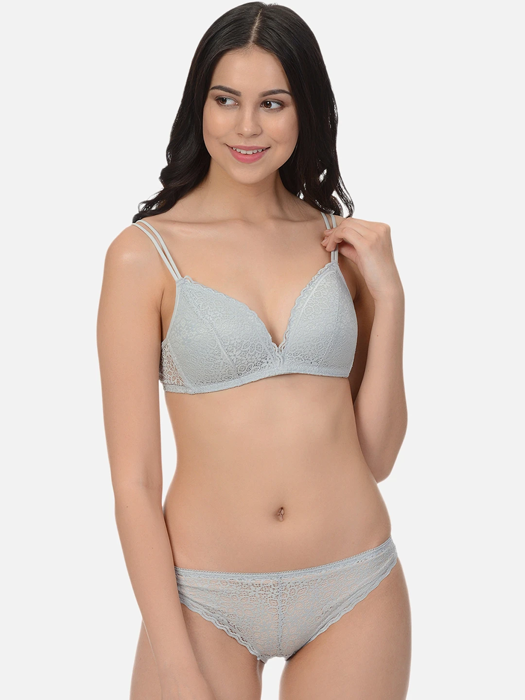 Women Grey Lace Lingerie Set