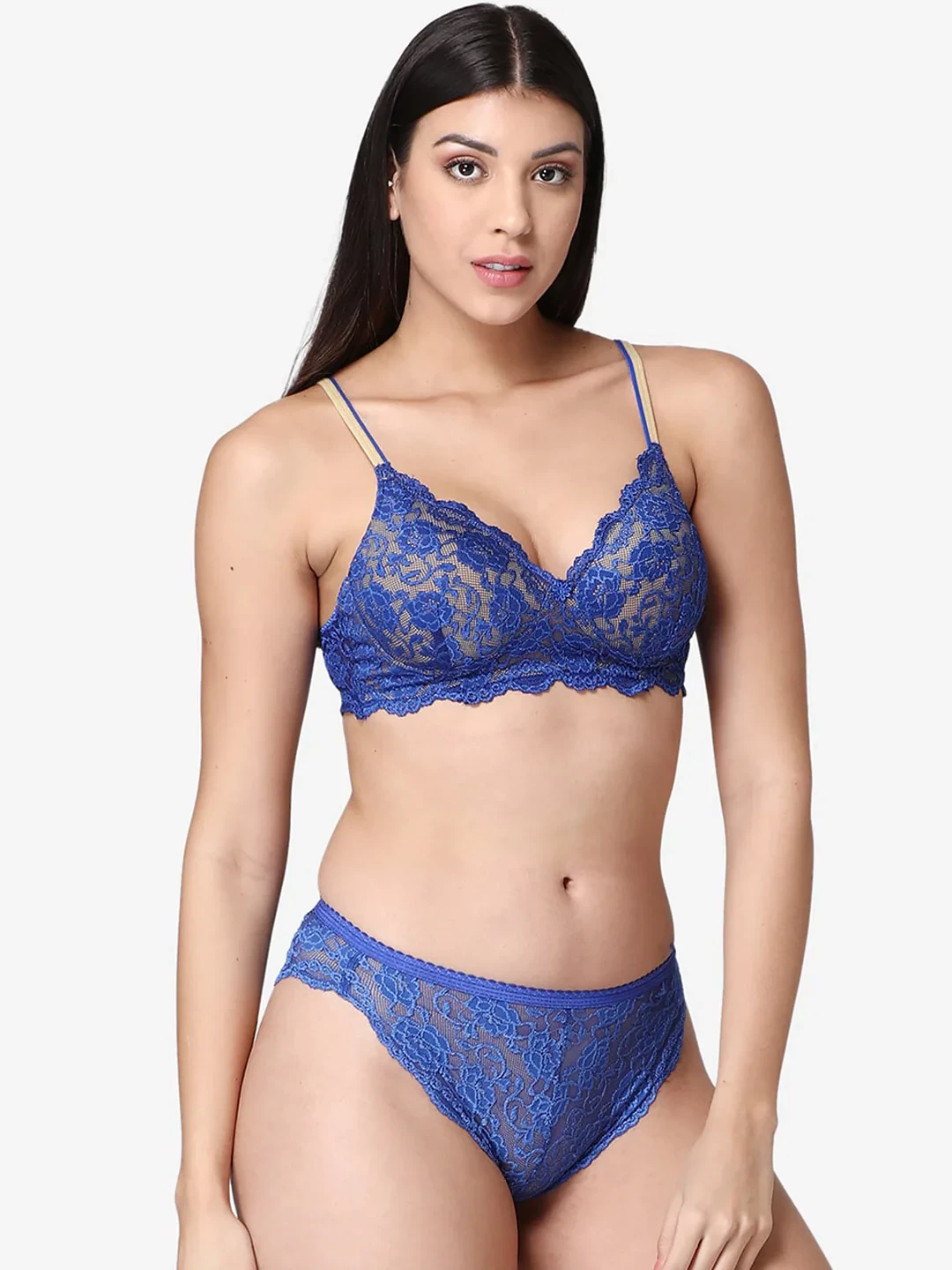 Women Blue Lace Bridal Lingerie Set