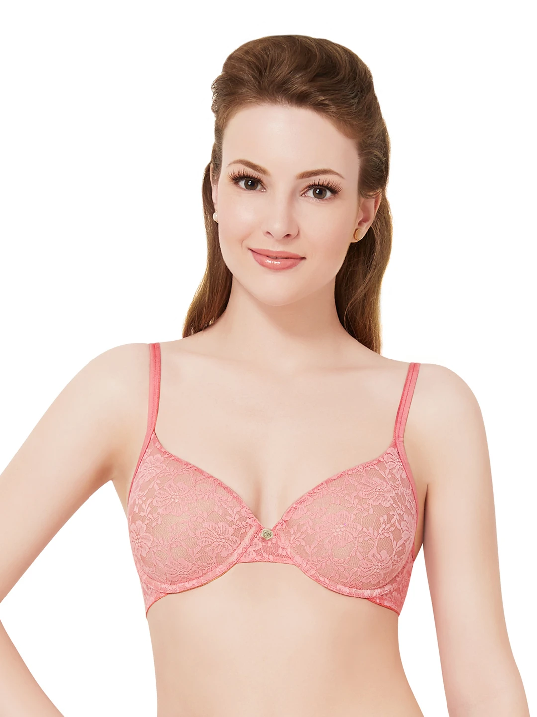 Peach-Coloured Lace Medium-Coverage T-shirt Bra A27990