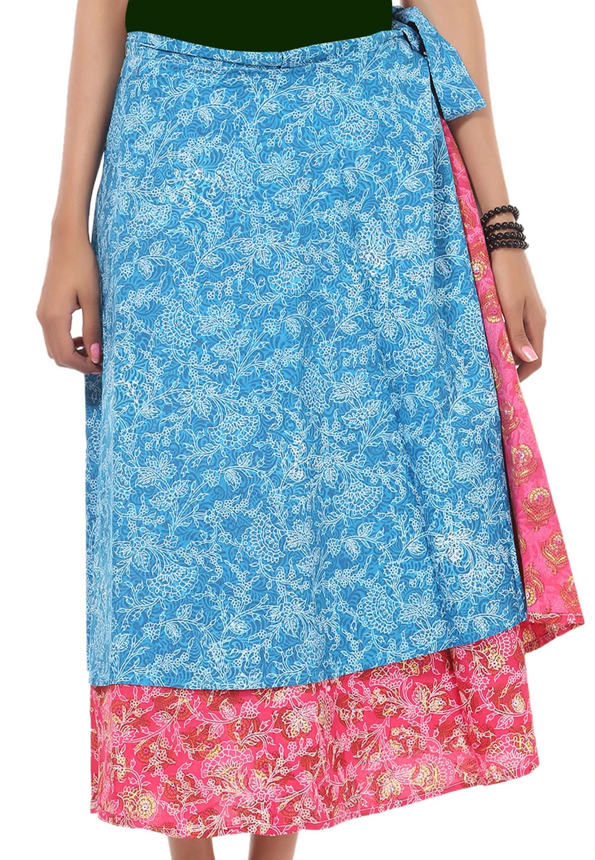 Blue and Pink Cotton Readymade Wrap Around Midi Skirt