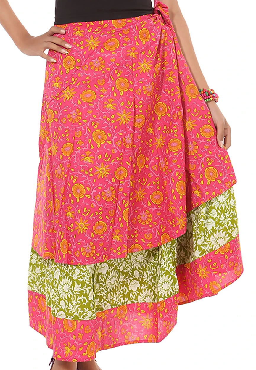 Pink, Yellow and Olive Cotton Double Layered Wrap Around Long Skirt