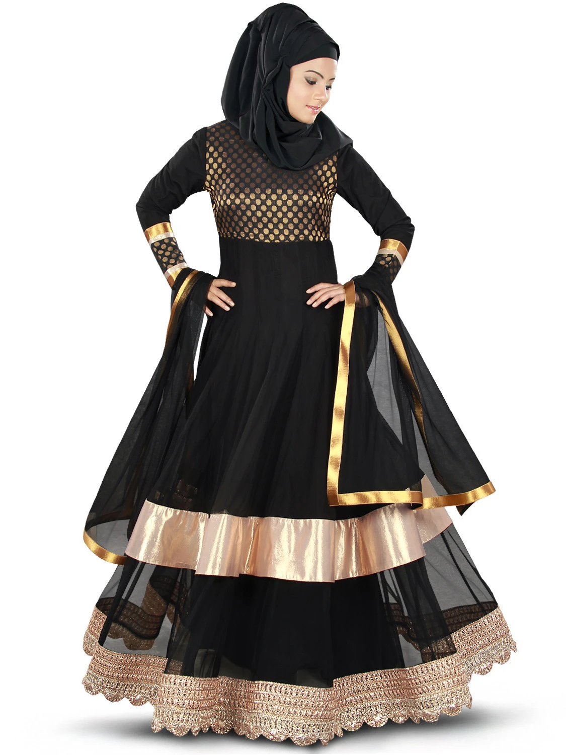 Poly Crepe & Net Flared Abaya with round neckline