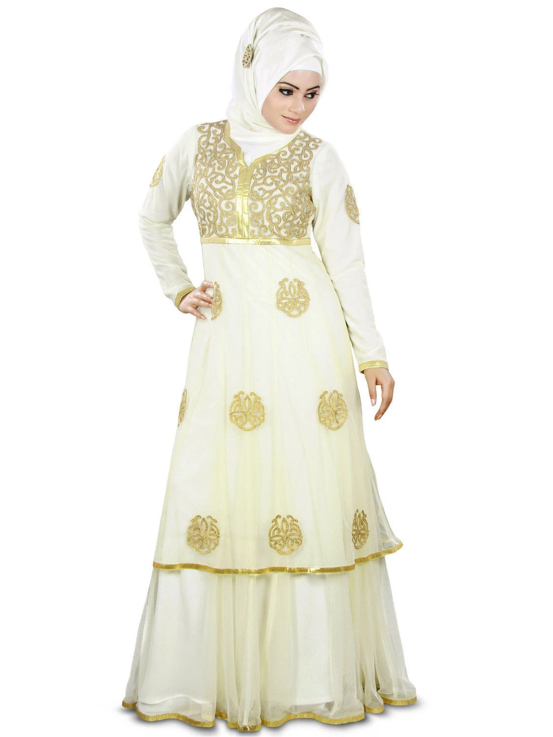Designer flaired abaya with gold embroidery