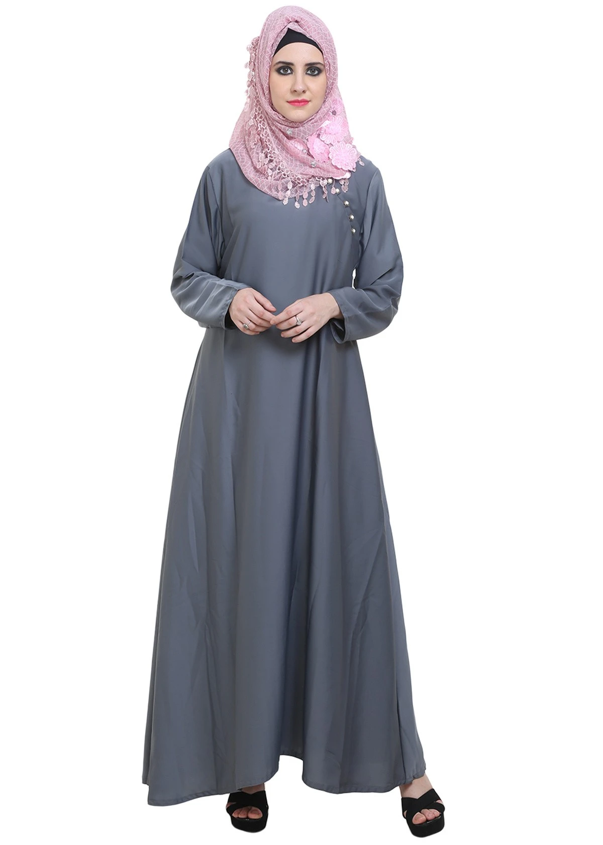 Grey Side Button Formal Abaya