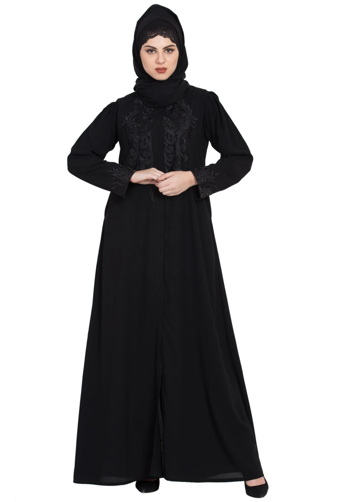 Front Open Embroidered Abaya with Black Stones