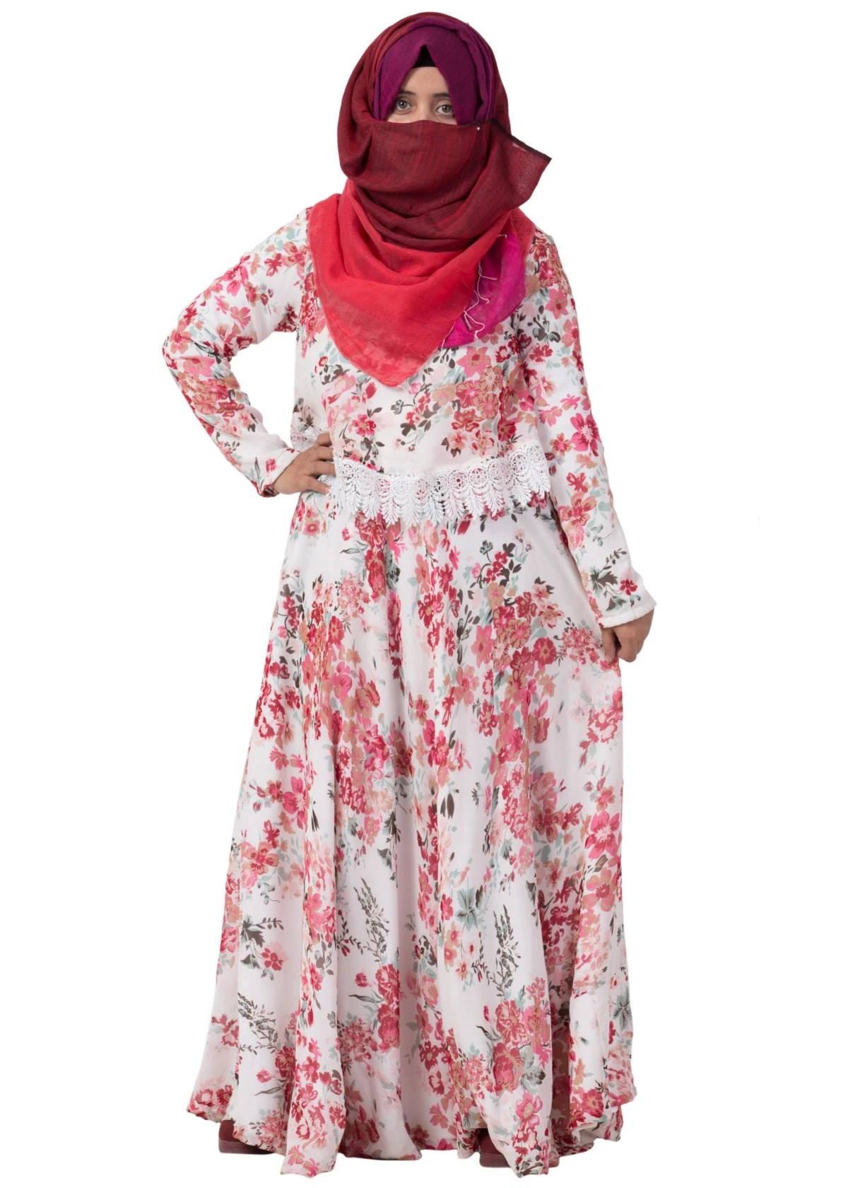Flowery Print Lace Cape Abaya