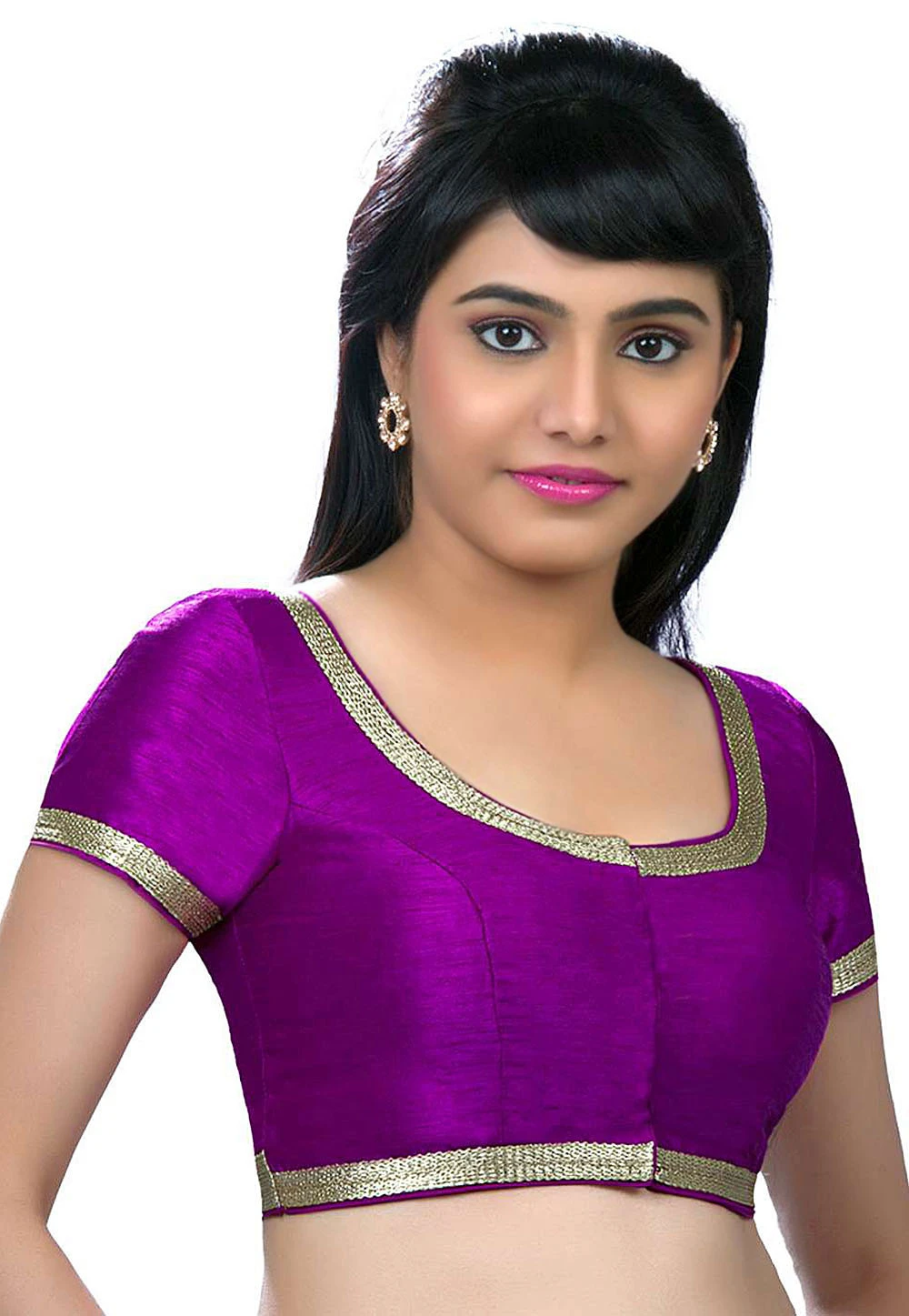 Lace Border Art Dupion Silk Blouse in Purple