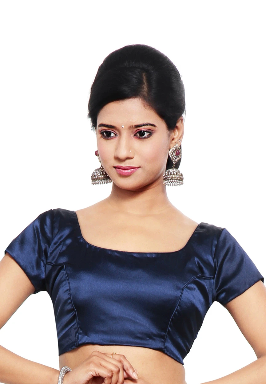 Dark Navy Blue Satin Unstitched Padded Blouse