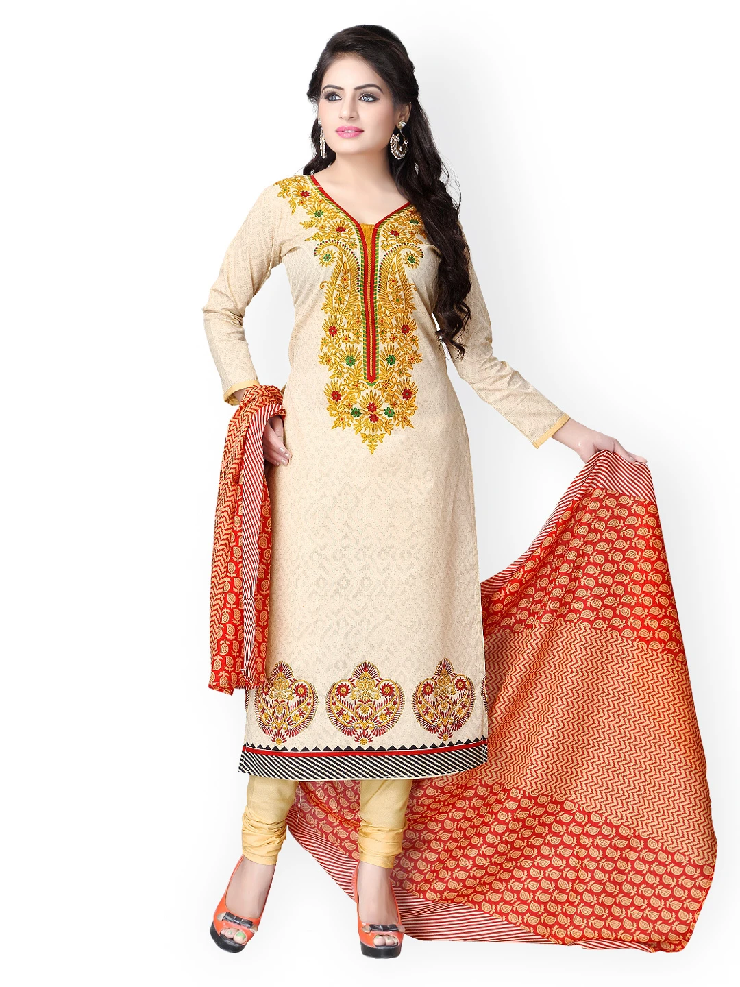 Yellow & Red Faux Georgette Unstitched Dress Material