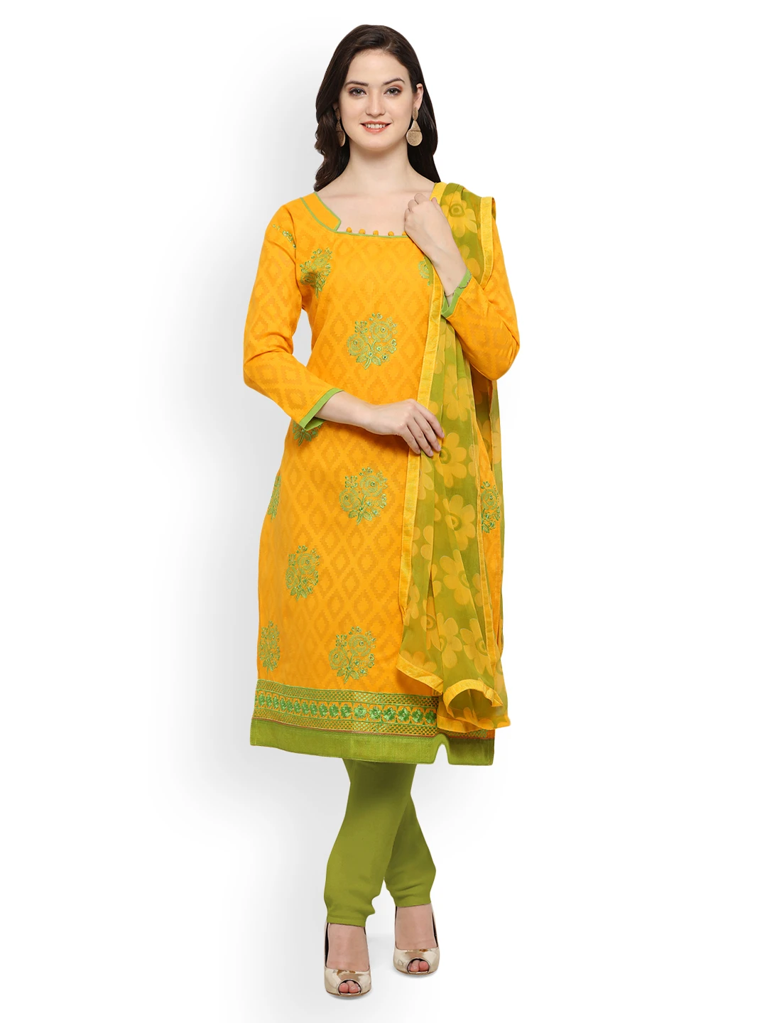 Yellow & Green Silk Blend Unstitched Dress Material