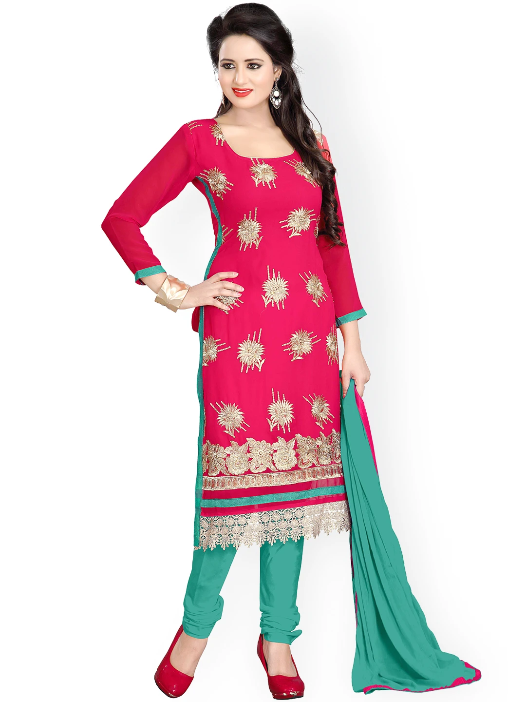 Red & Teal Green Faux Georgette Unstitched Dress Material