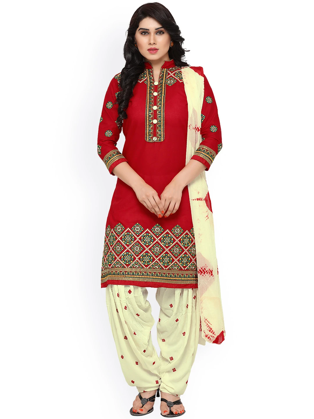 Red & Off-White Pure Cotton Unstitched Dress Material