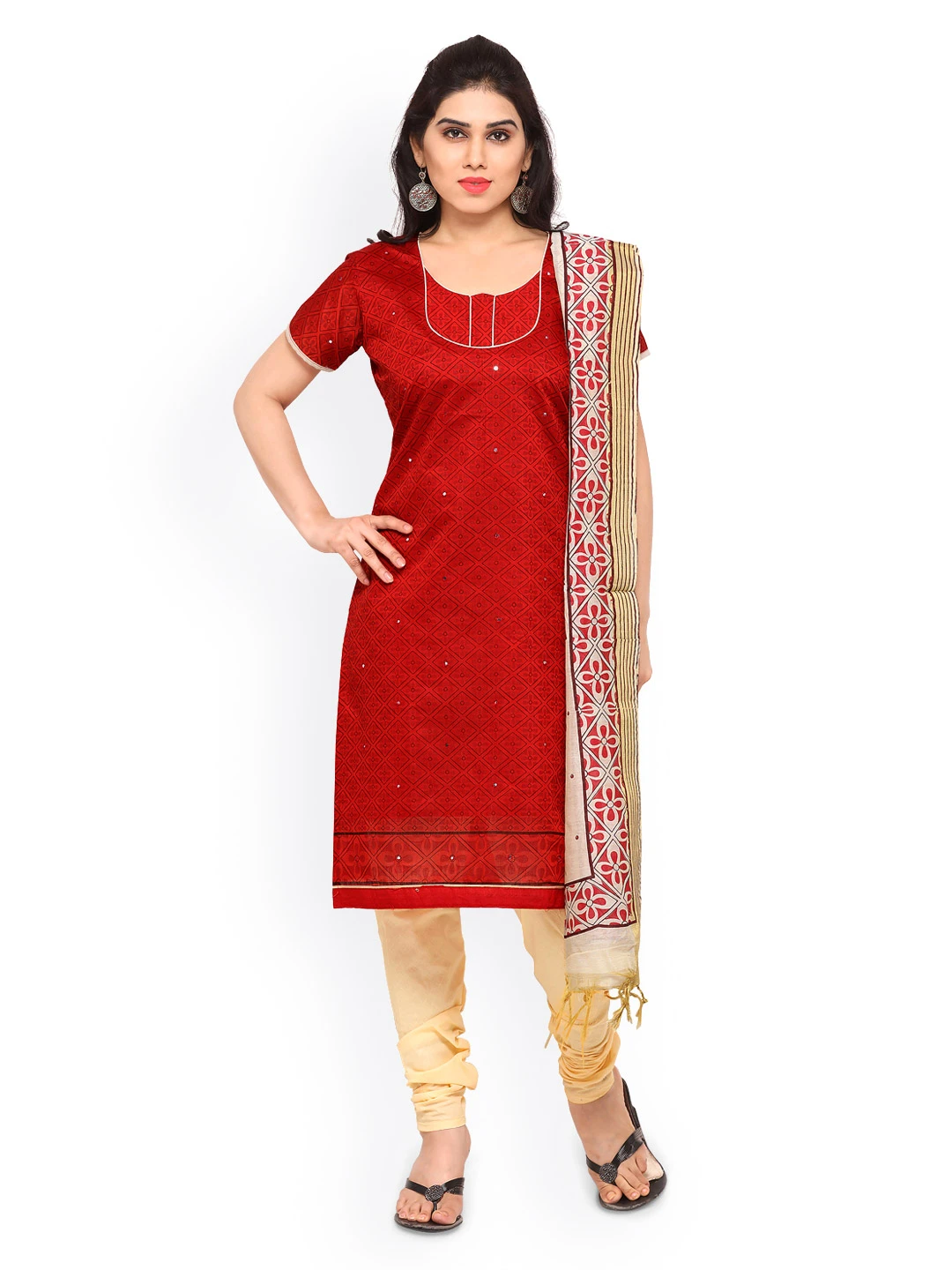 Red & Beige Chanderi Cotton Blend Unstitched Dress Material