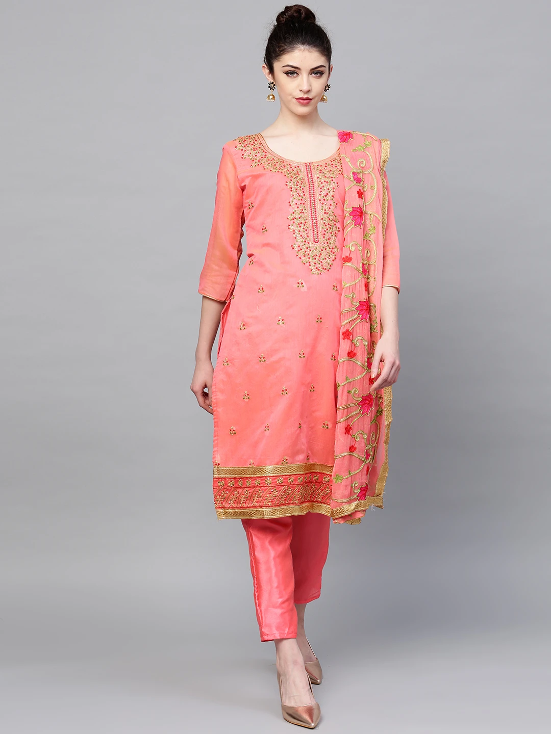 Pink Embroidered Unstitched Dress Material