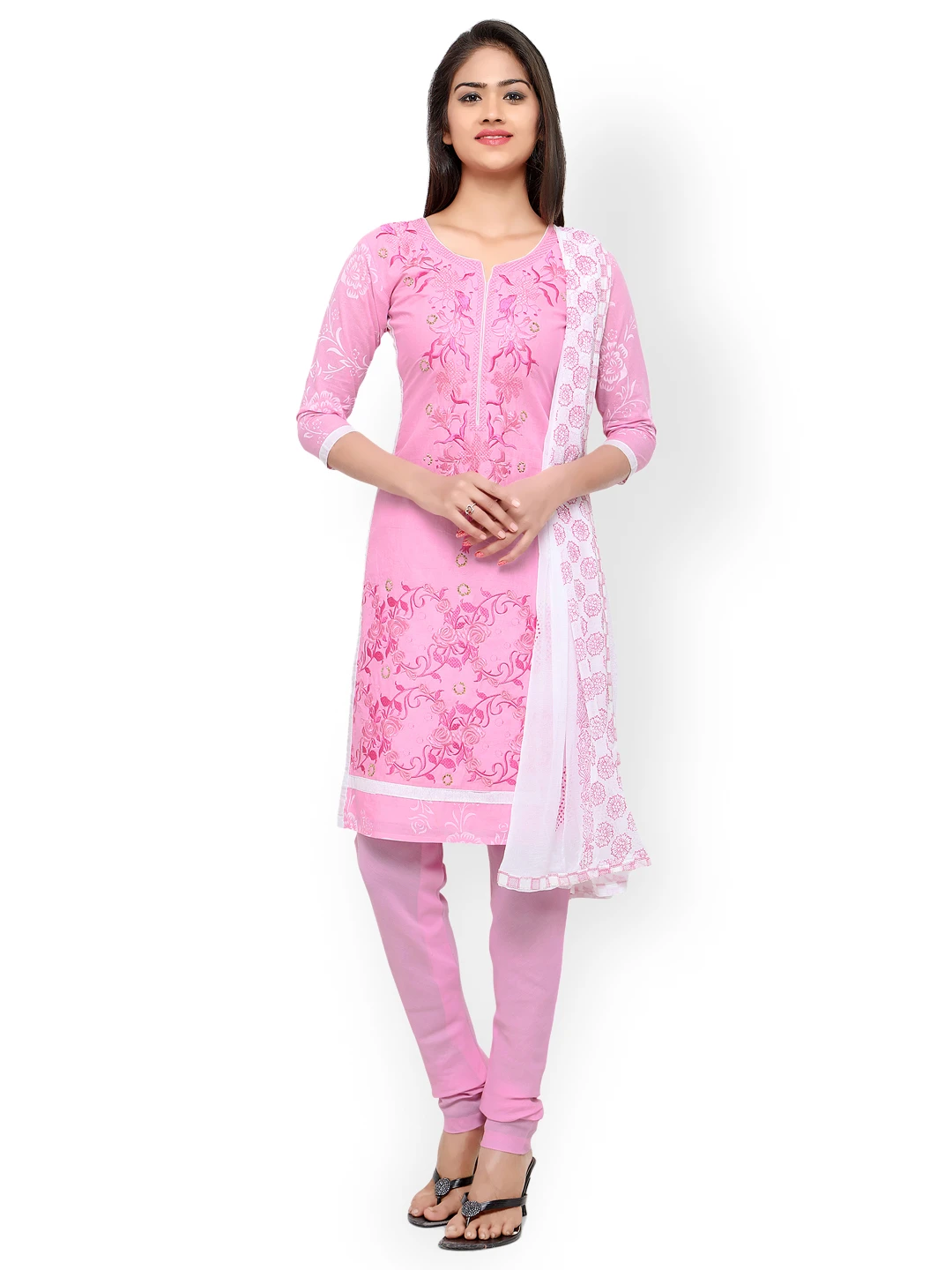 Pink Embroidered Cotton Unstitched Dress Material