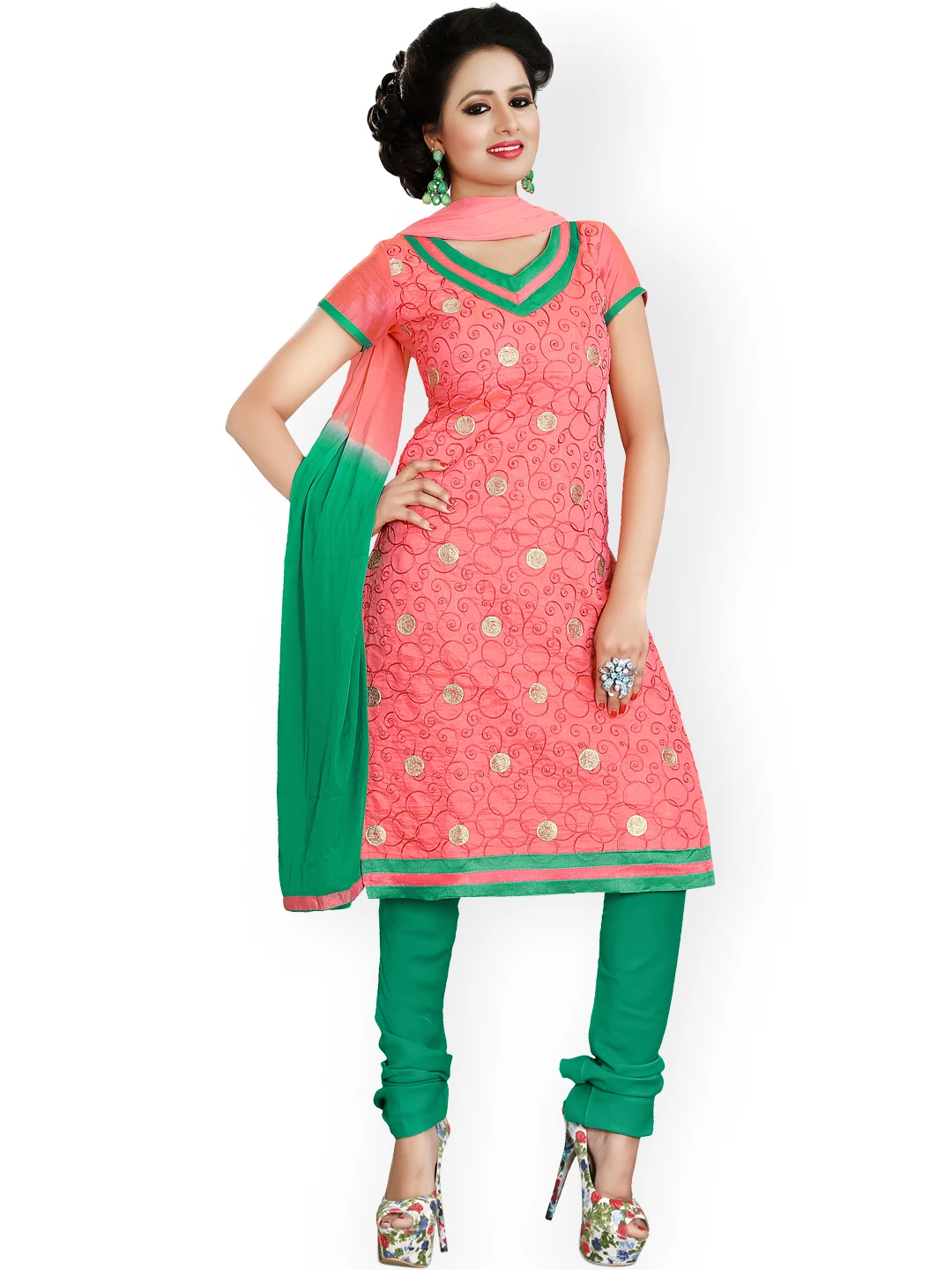 Pink Embroidered Chanderi Unstitched Dress Material