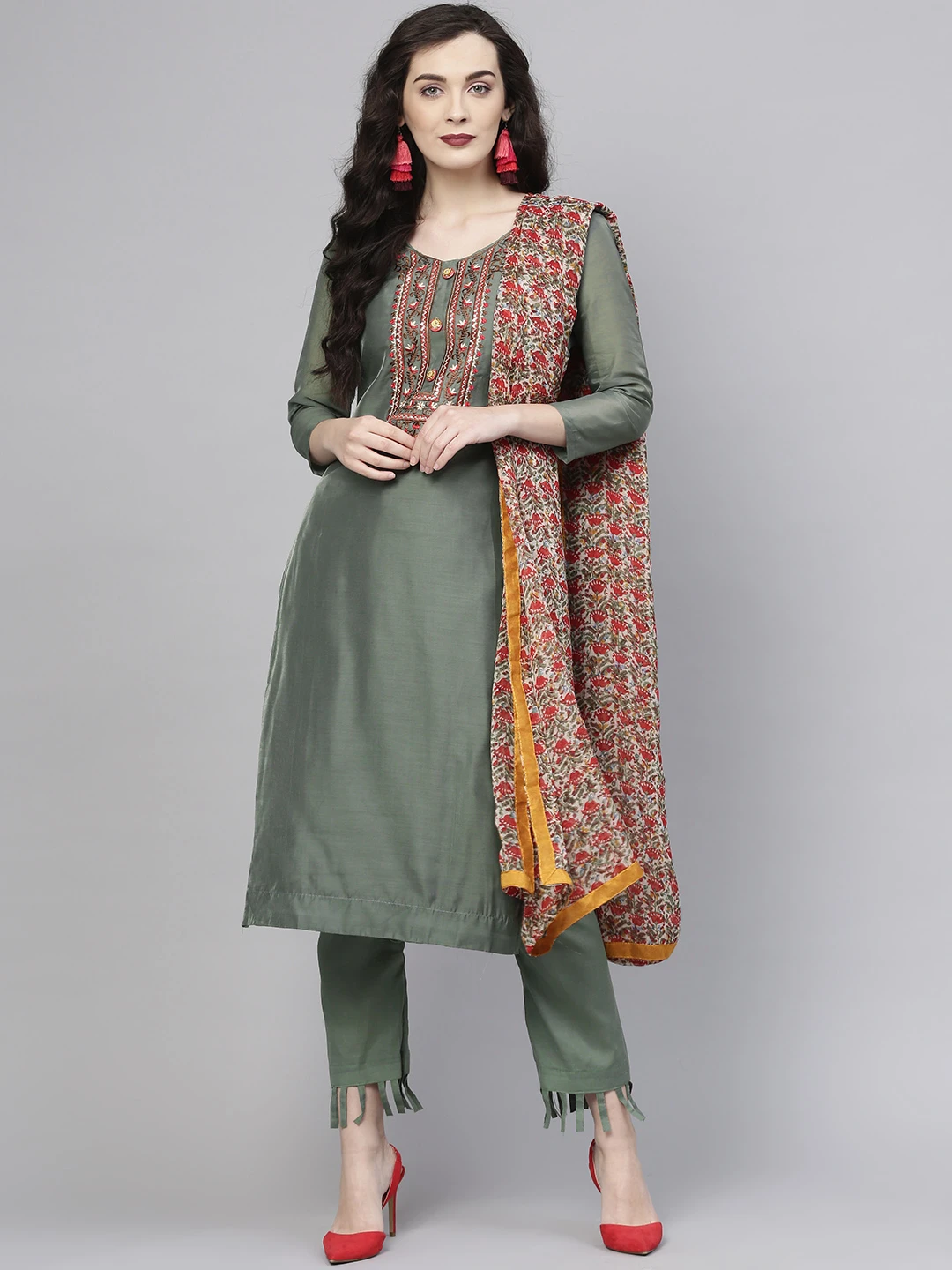 Olive Green Solid Semi-Stitched Dress Material