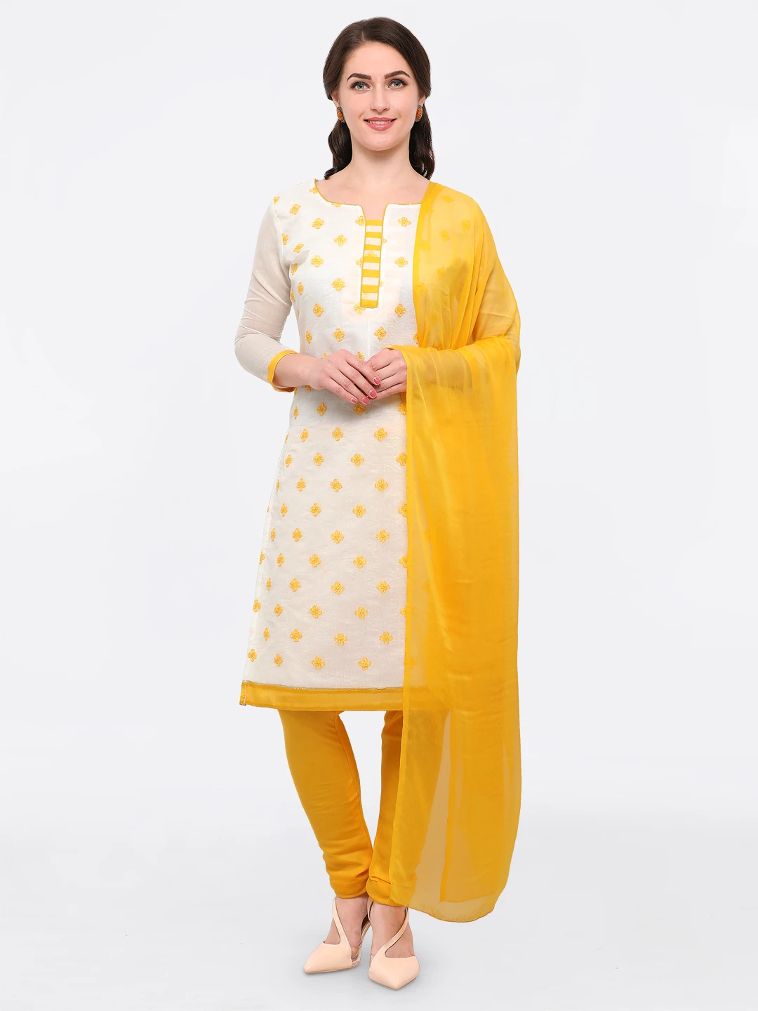 Off-White & Yellow Cotton Blend Unstitched Dress Material