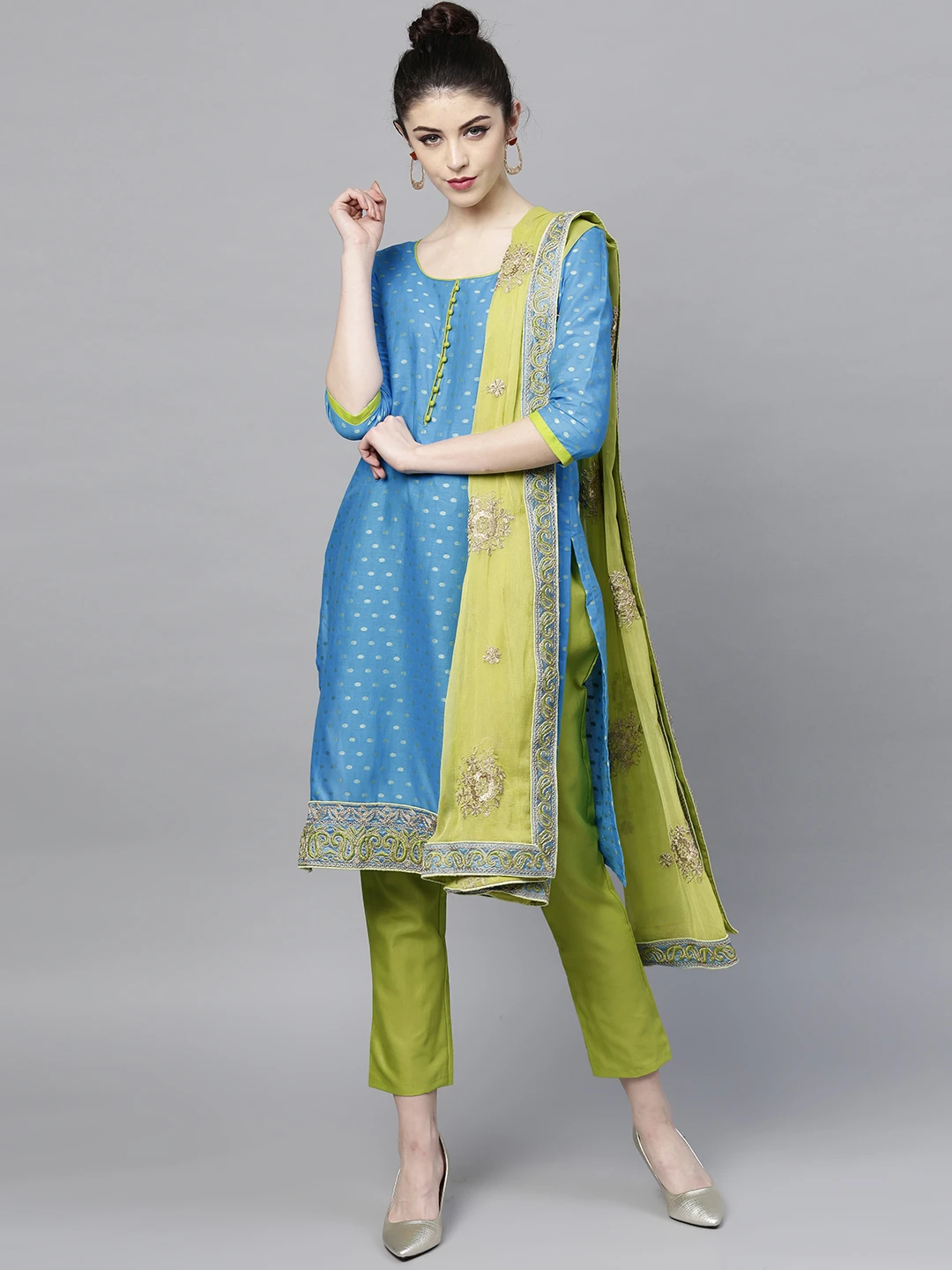 Blue & Green Woven Design Unstitched Dress Material