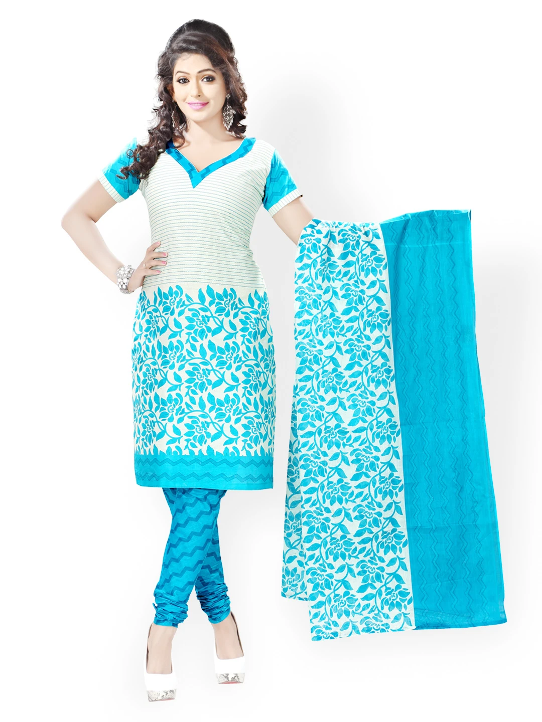 Off-White & Turquoise Blue Printed Polyester Unstitched Dress Material