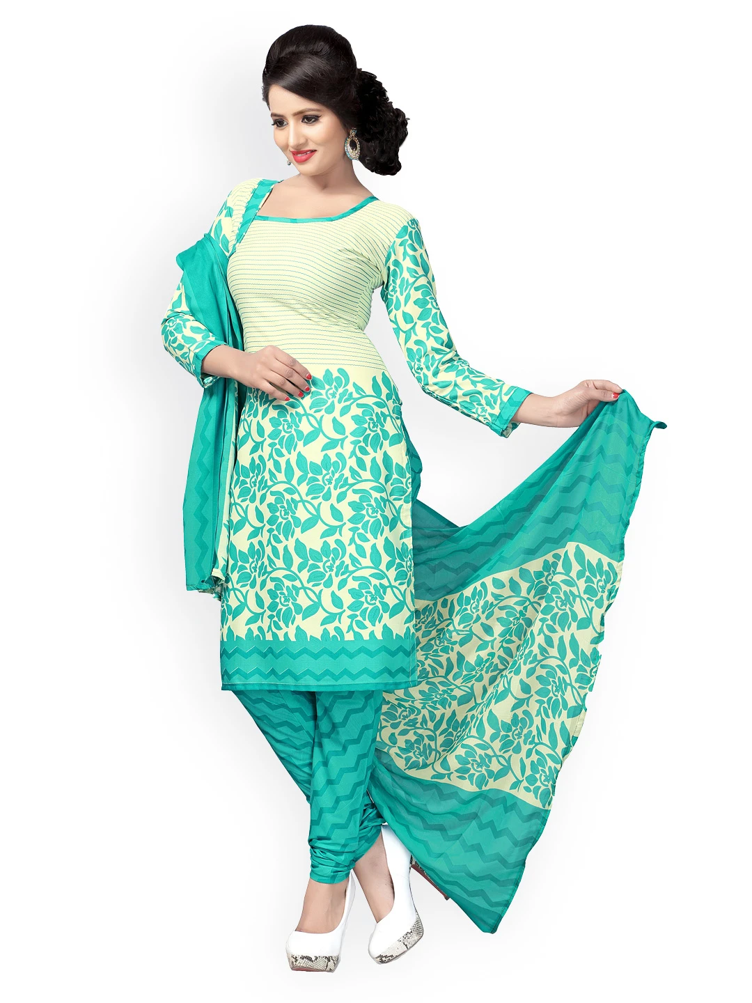 Green & Cream-Coloured Unstitched Dress Material