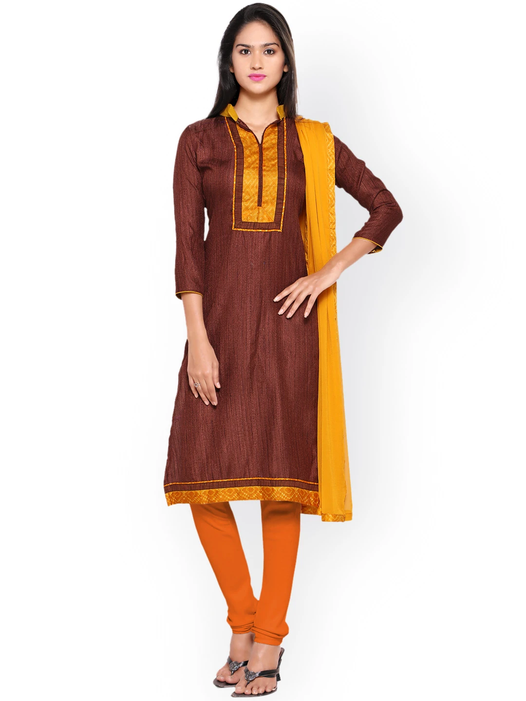 Brown & Yellow Chanderi Cotton Unstitched Dress Material