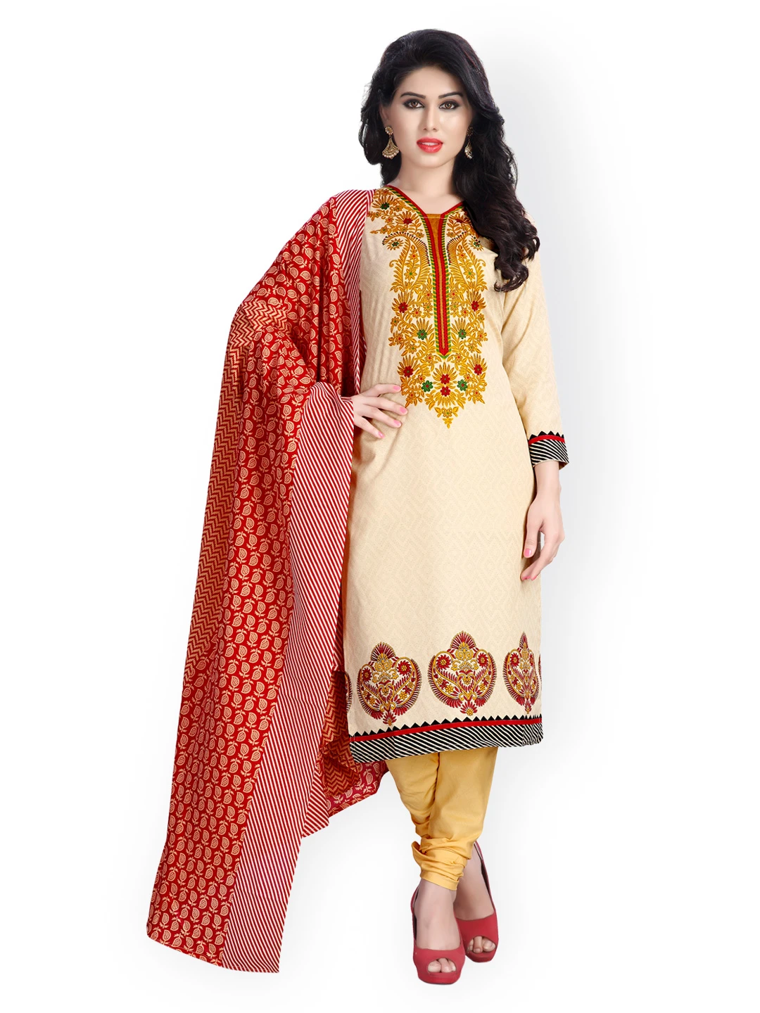 Beige & Yellow Printed Polyester Unstitched Dress Material