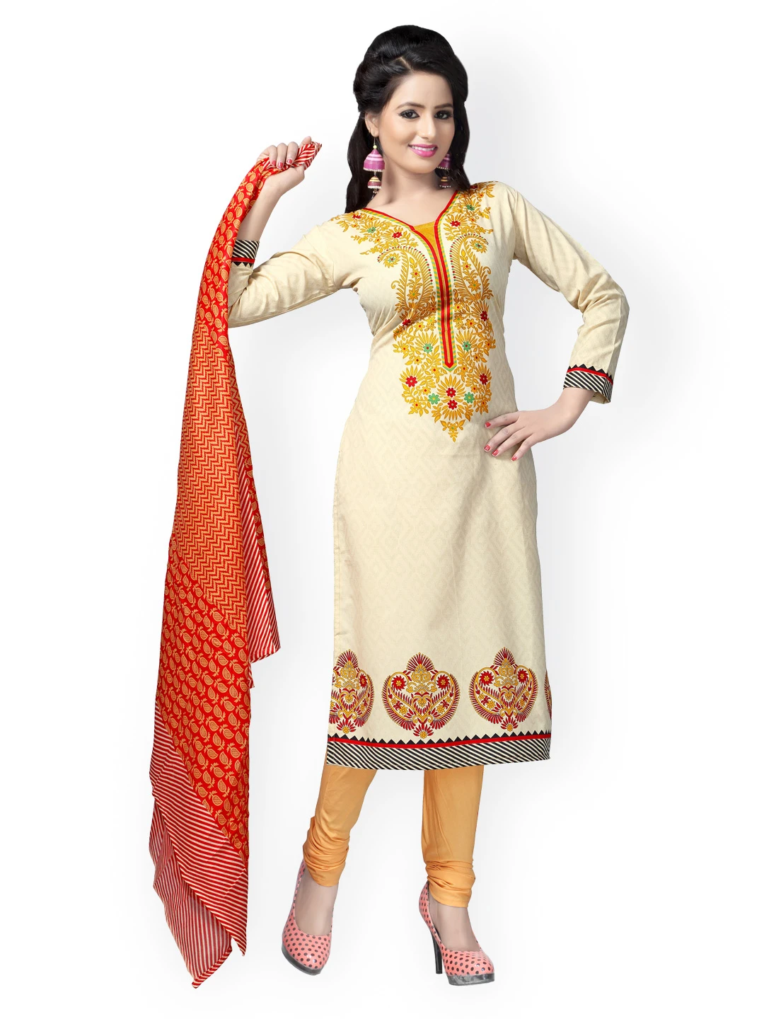 Beige & Orange Cotton Unstitched Dress Material