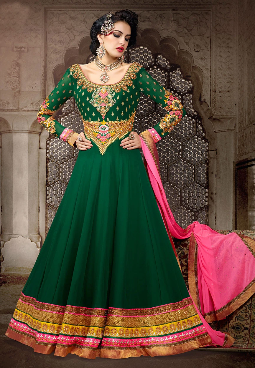 Dark Green Faux Georgette Abaya Style Churidar Kameez