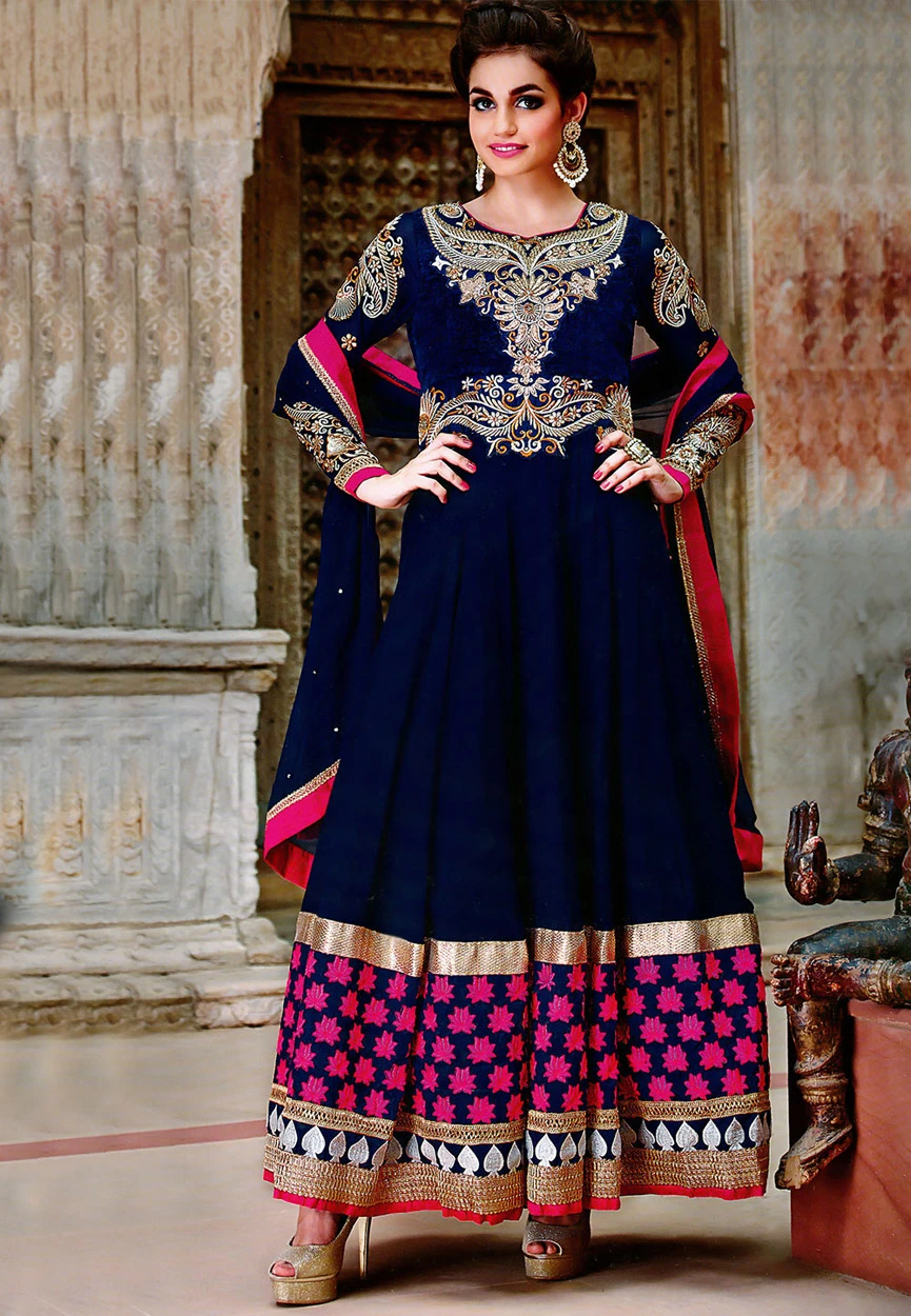 Blue Velvet and Faux Georgette Abaya Style Churidar Kameez