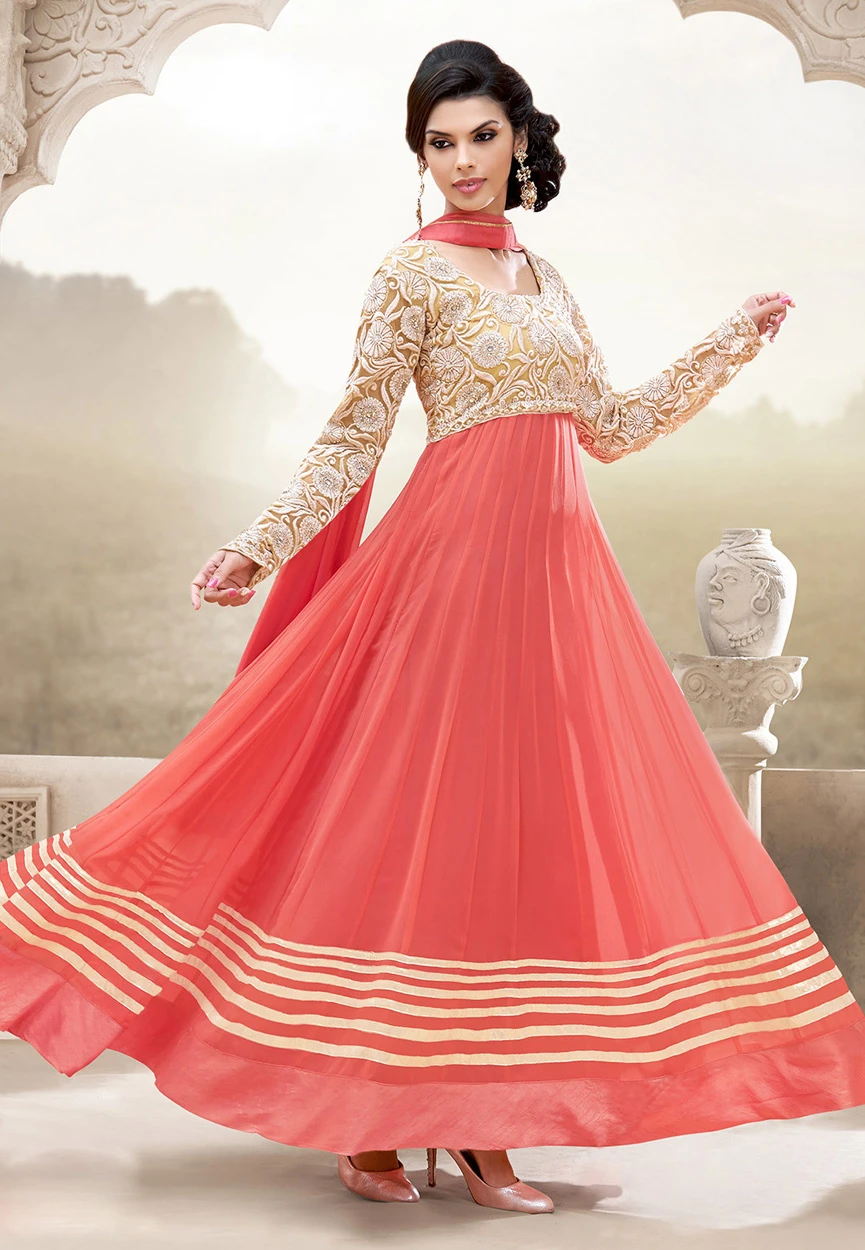 Beige and Old Rose Faux Georgette and Net Abaya Style Churidar Kameez