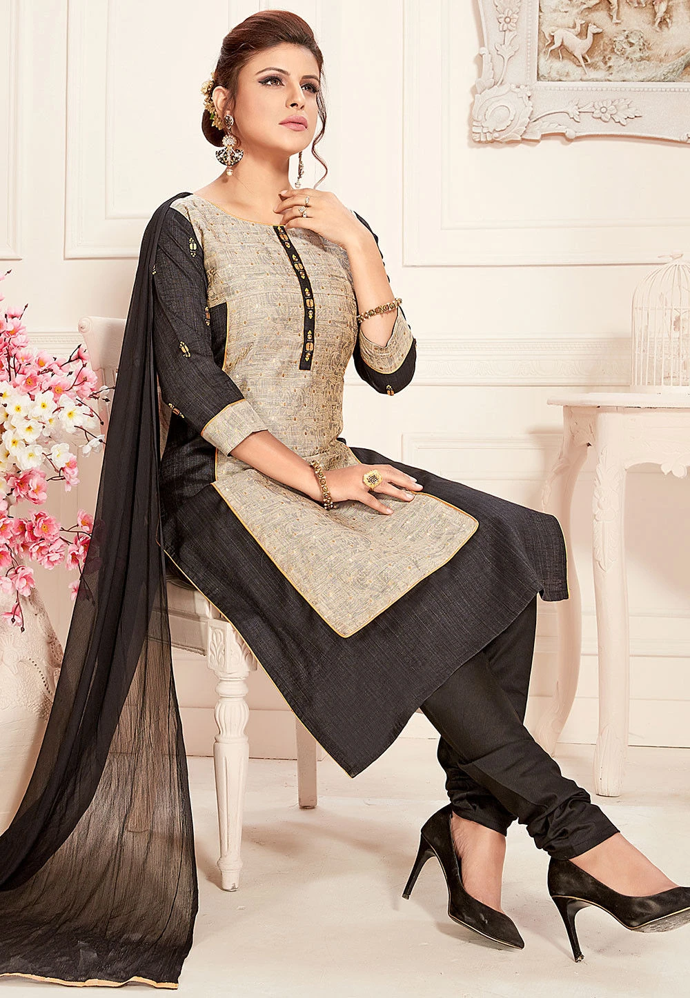 Embroidered Art Silk Straight Cut Suit in Beige SCK-S540