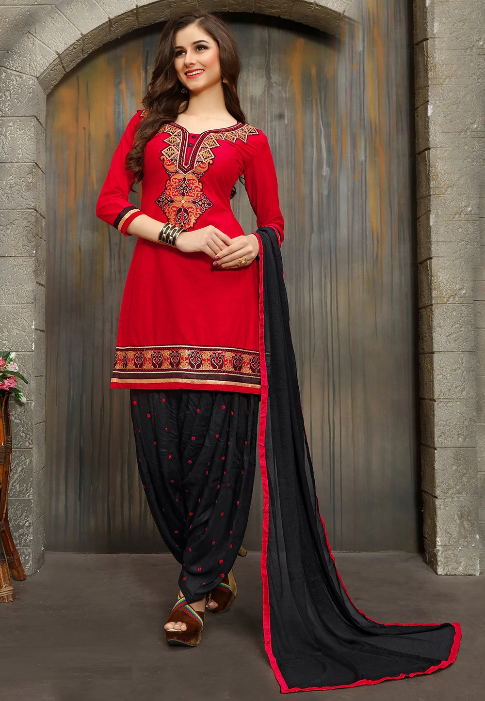 Embroidered Cotton Punjabi Suit in Red PSS-3035