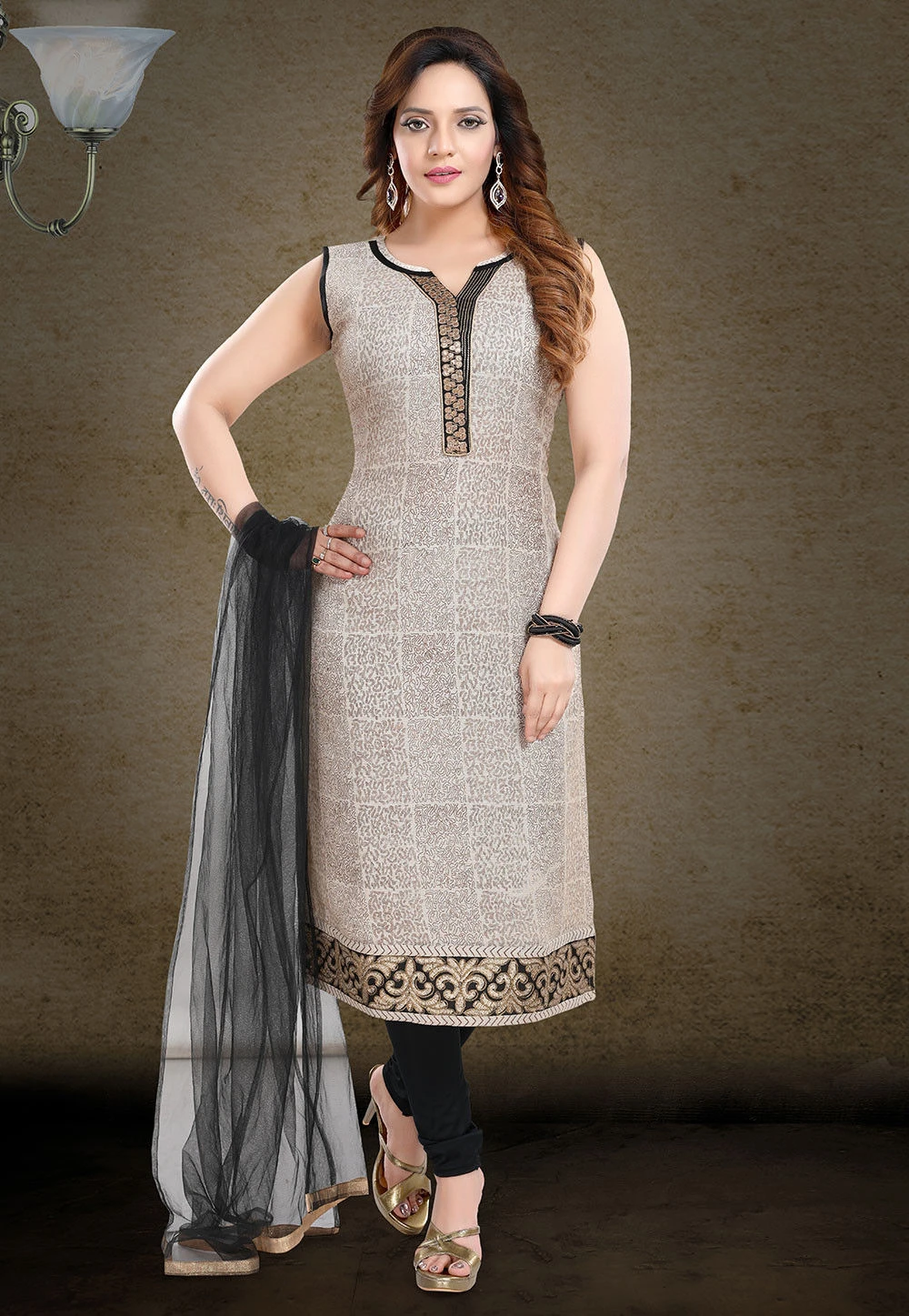 Light Beige Abstract Printed Cotton Straight Suit SCK-N141