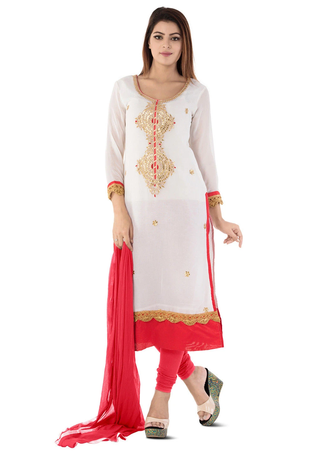 White Embroidered Georgette Straight Suit