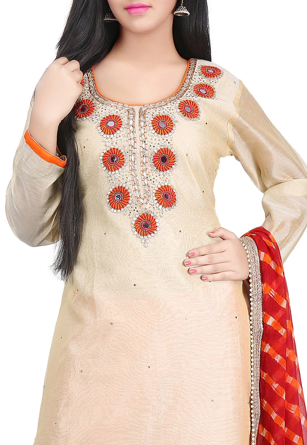 Beige Hand Embroidered Chanderi Cotton Straight Suit SCK-N2502
