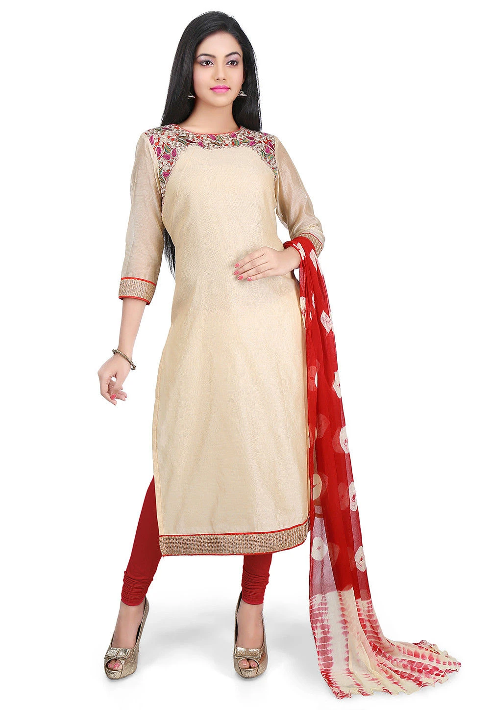 Beige Plain Chanderi Cotton Straight Cut Suit SCK-N2511